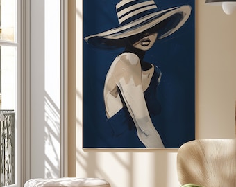 Navy Sunhat Woman Art Print, Chic Minimalist Decor (Digital Download)
