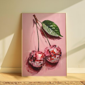 Disco Cherry Print, Funky Fruit Wall Art, Pink Kitchen Decor, Glam Pop Art Poster, Retro Cherry Art, Sparkly Wall Print, Y2K Aesthetic