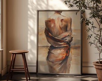 Earthy Watercolor Woman Back Portrait, Minimalist Figure Art (Digital Download)