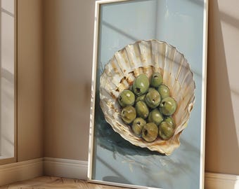 Green Olives Shell Art Print, Mediterranean Kitchen Decor (Digital Download)