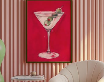 Martini Cocktail Print, Red Bar Decor, Modern Home Bar Art (Digital Download)