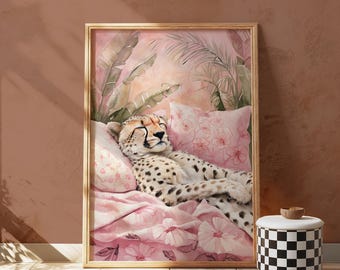 Sleeping Cheetah Art Print, Pink Jungle Nursery Decor (Digital Download)