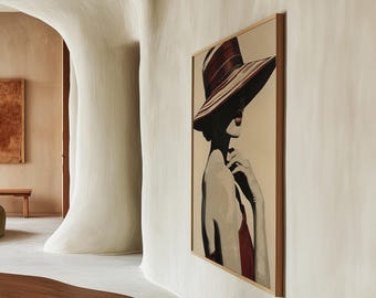 Vintage Woman Portrait Print, Red Striped Hat, Fashion Illustration (Digital Download)