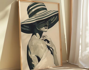 Vintage Woman Art Print, Green Striped Hat, Fashion Illustration (Digital Download)