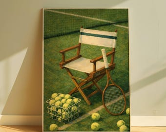 Vintage Tennis Court Chair Print, Preppy Sport Decor, Green Painting (Digital Download)