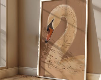 Minimalist Swan Art Print, Taupe Neutral Decor (Digital Download)