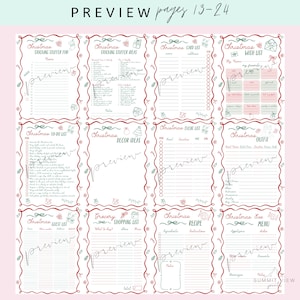 May include: A collection of Christmas-themed planner pages with red and green decorative borders. The pages include lists for stocking stuffers, card lists, wish lists, to-do lists, decor ideas, event lists, outfits, guest lists, shopping lists, recipes, and menus. The text "PREVIEW pages 13-24" is at the top.