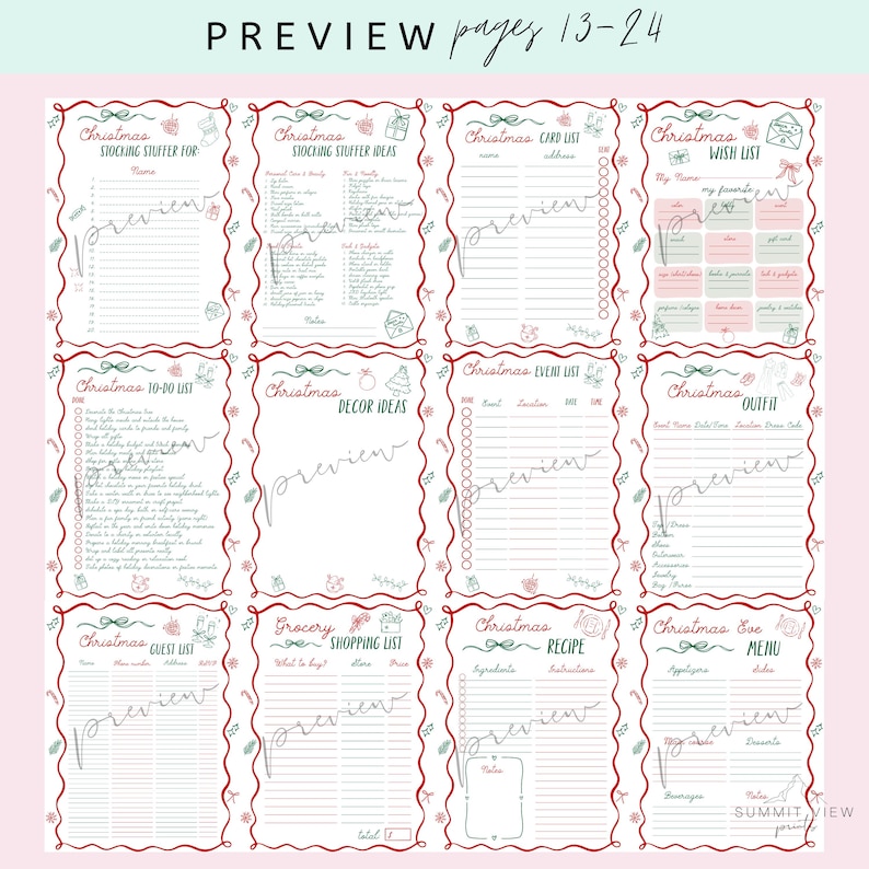 May include: A collection of Christmas-themed planner pages with red and green decorative borders. The pages include lists for stocking stuffers, card lists, wish lists, to-do lists, decor ideas, event lists, outfits, guest lists, shopping lists, recipes, and menus. The text "PREVIEW pages 13-24" is at the top.