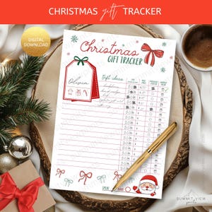 May include: A white Christmas gift tracker printable sheet with red and green festive graphics, including a gift tag, bows, and a Santa Claus illustration. The document features columns for gift ideas, price, and status, with a gold pen resting on top.