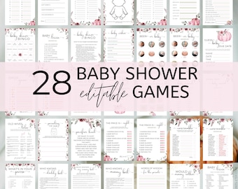 Pacchetto giochi per baby shower Little Pumpkin: fiori rosa autunnali, modificabili (modelli stampabili) P1