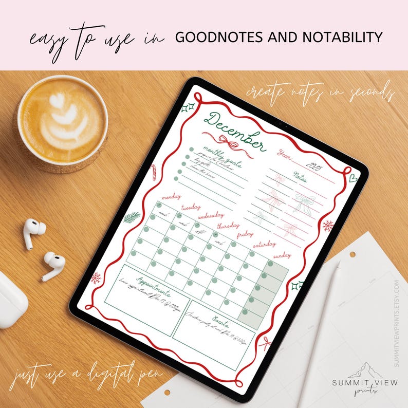 May include: A digital planner displayed on a tablet, featuring a December calendar layout with space for notes, appointments, and events. The design includes red and green decorative elements. A cup of coffee and wireless earbuds are on the wooden surface.