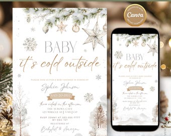 Invito per baby shower "Fa freddo fuori": modello Canva, stampabile per le feste, download digitale, invito invernale modificabile CI2