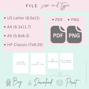 May include: A digital print file size and type guide. Includes US Letter (8.5x11), A4 (8.3x11.7), A5 (5.8x8.3), and HP Classic (7x9.25) sizes. Available in PDF and PNG formats. The image also includes the words "Buy, Download, Print."