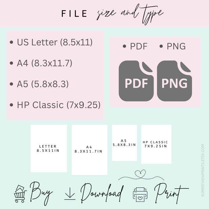 May include: A digital print file size and type guide. Includes US Letter (8.5x11), A4 (8.3x11.7), A5 (5.8x8.3), and HP Classic (7x9.25) sizes. Available in PDF and PNG formats. The image also includes the words "Buy, Download, Print."