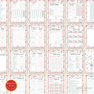 May include: A collection of printable Christmas-themed planner pages. The pages feature red and green decorative borders and include sections for budgeting, gift lists, recipes, and more. The words "DIGITAL FILE" and "INSTANT DOWNLOAD" are visible.