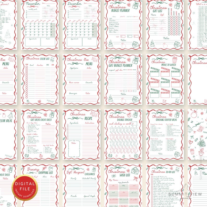 May include: A collection of printable Christmas-themed planner pages. The pages feature red and green decorative borders and include sections for budgeting, gift lists, recipes, and more. The words "DIGITAL FILE" and "INSTANT DOWNLOAD" are visible.