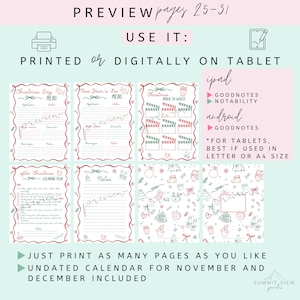 May include: A digital planner preview with pages for Christmas, New Year's Eve, and after-Christmas cleaning. Includes menu planning, movie watching, and note pages. The planner is designed for use on tablets with GoodNotes and Notability apps, and can be printed.