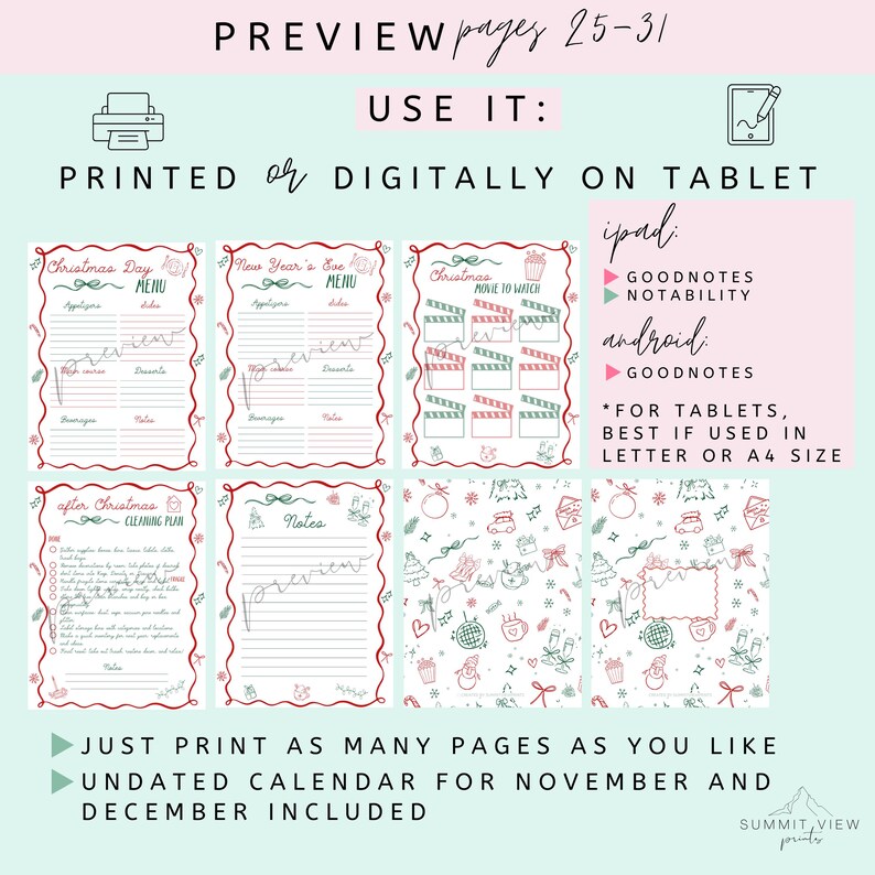 May include: A digital planner preview with pages for Christmas, New Year's Eve, and after-Christmas cleaning. Includes menu planning, movie watching, and note pages. The planner is designed for use on tablets with GoodNotes and Notability apps, and can be printed.