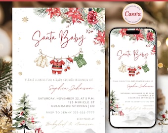 Invito per baby shower di Babbo Natale: modello Canva, stampabile per le feste, download digitale, biglietto di Natale modificabile CI1