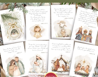 Pacchetto di biglietti di auguri natalizi sulla Natività: versetto biblico acquerellato (download digitale) N1