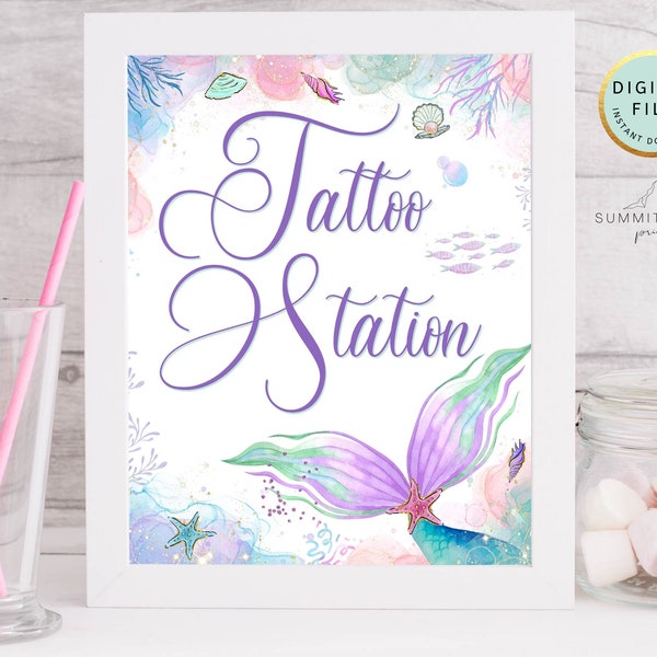 Tattoo Station Sign Mermaid Tail Tattoo Party Decor Under the Sea Mermaid Theme Birthday Party Decoration Digital Download Table Sign MP