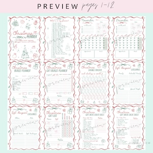 May include: A planner with Christmas-themed pages, including budget, gift list, and savings tracker templates. The pages have red and green decorative borders and festive illustrations. The text "PREVIEW pages 1-12" is at the top.
