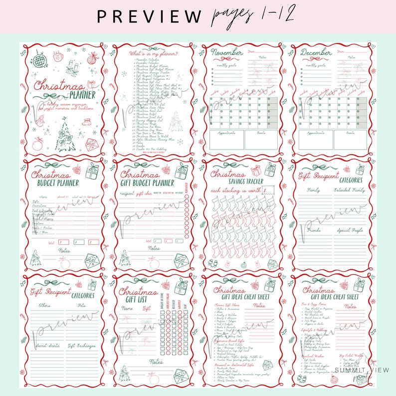 May include: A planner with Christmas-themed pages, including budget, gift list, and savings tracker templates. The pages have red and green decorative borders and festive illustrations. The text "PREVIEW pages 1-12" is at the top.