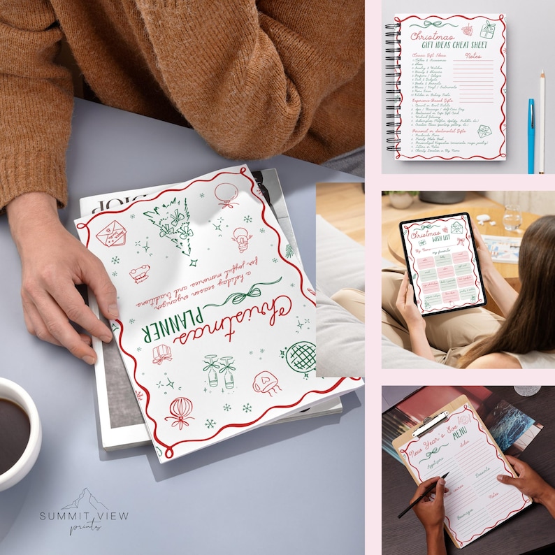 May include: A collection of Christmas-themed planners and checklists. The main planner features a white cover with red and green decorative elements and the text "Christmas Planner." Other images show a gift ideas cheat sheet, a wish list, and a New Year's Eve menu.