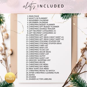 May include: A digital planner page with a list of Christmas-themed planning sections. The list includes a Christmas budget planner, gift lists, recipes, and more. The words "What's Included" are at the top. The image has a neutral color palette with decorative elements.