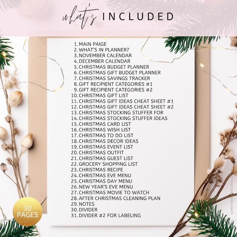 May include: A digital planner page with a list of Christmas-themed planning sections. The list includes a Christmas budget planner, gift lists, recipes, and more. The words "What's Included" are at the top. The image has a neutral color palette with decorative elements.