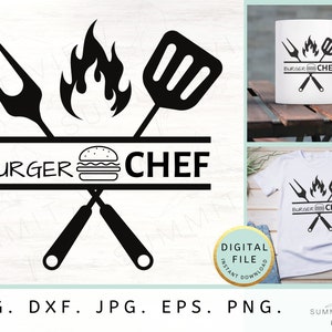 Chef de hamburguesas SVG PNG Diseño SVG moderno Archivos SVG para Cricut Hamburguesa Svg Barbacoa Svg Parrilla Svg Cricut Svg Tenedor Svg Espátula Svg Diseño de parrilla para hombres