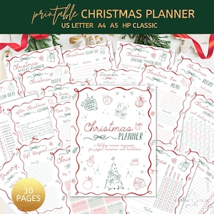 May include: A printable Christmas planner with various pages for holiday organization. The planner includes sections for budgeting, outfits, event lists, recipes, and more. The cover features festive illustrations and the text "Christmas Planner". The planner is US Letter, A4, A5, and HP Classic size.