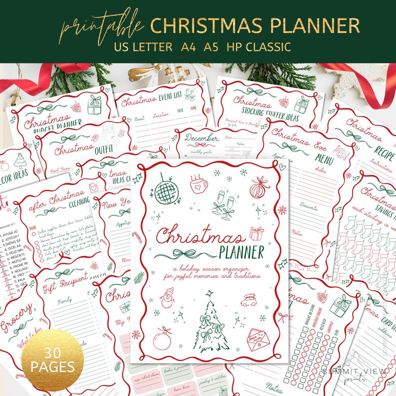 May include: A printable Christmas planner with various pages for holiday organization. The planner includes sections for budgeting, outfits, event lists, recipes, and more. The cover features festive illustrations and the text "Christmas Planner". The planner is US Letter, A4, A5, and HP Classic size.