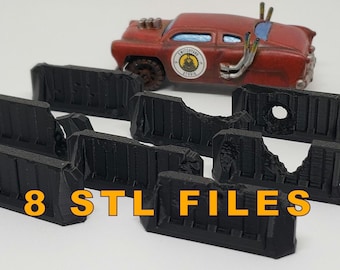 May include: Eight black 3D printed STL files for a ruined wall, perfect for a miniature gaming table or diorama.