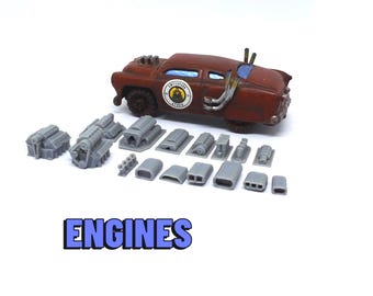 May include: A rusty red model car with various gray engine components. The car has a weathered appearance and a circular emblem. The word "ENGINES" is displayed in blue text below the car.