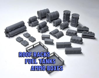 May include: A collection of gray miniature accessories, including roof racks, fuel tanks, and ammo boxes. The image displays various barrel shapes, rectangular boxes, and other components, all in a uniform gray color. Text on the image reads "ROOF RACKS FUEL TANKS AMMO BOXES."