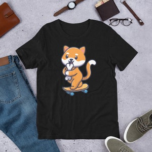 Shiba Inu w/ Bone on Skateboard Unisex T-Shirt, Men/Women Size, Multiple Colors, Cute Dog Puppy, Short Sleeve Soft Comfortable