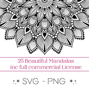 25 beaux mandalas PNG, SVG. Lot de motifs géométriques. Modèles de tatouage pour sublimations, machines de découpe, etc. Téléchargement numérique