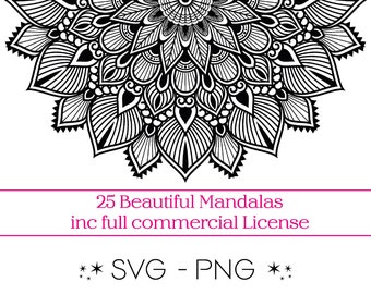 25 Hermosos Mandalas PNG, SVG. Paquete de patrones geométricos. Diseños de Tatuajes para Sublimaciones, Máquinas de Corte, etc. Descarga Digital