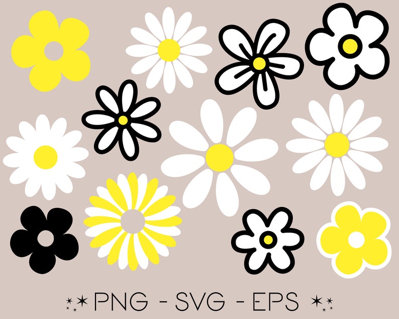 Retro Daisy Clipart Bundle PNG, SVG. Spring Clipart Flowers Elements ...