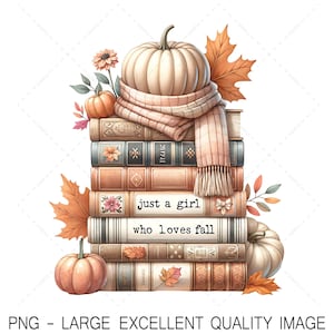 Puede incluir: Una pila de libros vintage con una calabaza blanca en la parte superior, rodeada de hojas de otoño y calabazas. Los libros tienen un texto superpuesto que dice "just a girl who loves fall".