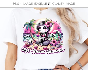 Ghoul sexy de verano PNG, chica esquelética en acuarela en la playa (solo digital)