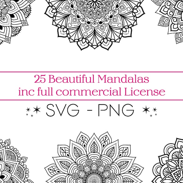 25 Pretty Mandala Patterns, SVG, PNG Zentangle Art Bundle. Tattoo Designs for Sublimations, Cutting Machines, etc. Digital Download