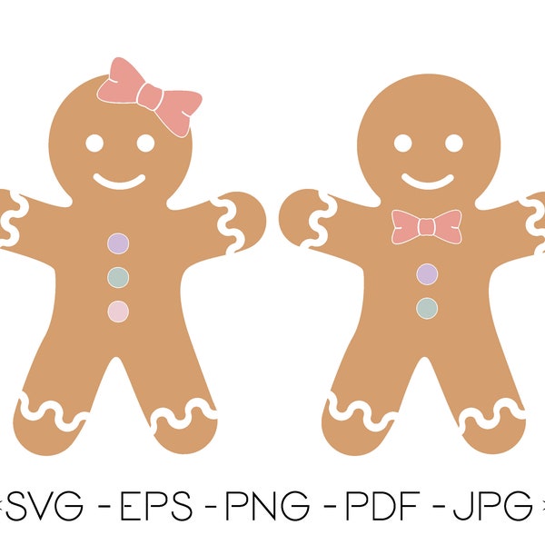 Pastel Gingerbread People PNG, SVG. Noeud papillon de Noël homme, femme, garçon, fille Clipart pour sublimation + machines de découpe. Téléchargement numérique