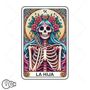 Carta de Tarô La Hija PNG Lindo Esqueleto Eu Sinto Bonita Afirmação PNG Para Design de Camisetas, Sublimação, Impressão DTF, etc. Somente Digital