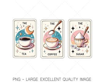 May include: Three illustrated cards with a whimsical design. Each card features a different beverage: tea, coffee, and sugar. The cards have a pink and blue color scheme with stars and a crescent moon.