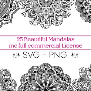 25 SVG PNG-mandala'sbundel. Ingewikkelde ontwerpen voor sublimaties, gravures, tatoeages, enz. Digitale download