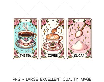 May include: Three vintage-style cards with pink floral borders and gold stars. Each card features a different beverage: a cup of tea, a cup of coffee, and a spoonful of sugar. The text on the cards reads "The Tea", "Coffee", and "Sugar".