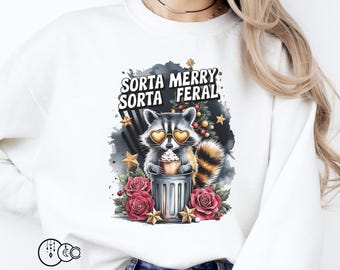 Sorta merry sorta feral PNG, Funny Christmas Season shirt Design, Christmas Feral girl png, Retro Christmas Funny Raccoon Sublimation