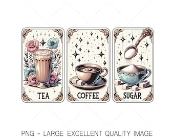 May include: Three vintage-style cards with illustrations of tea, coffee, and sugar. Each card has a gold frame with ornate details and a white background with black stars. The tea card features a glass of tea with a heart design in the foam, surrounded by pink and blue flowers. The coffee card shows a cup of coffee with a swirl on top, and the sugar card depicts a blue sugar bowl with a spoon pouring sugar into it.